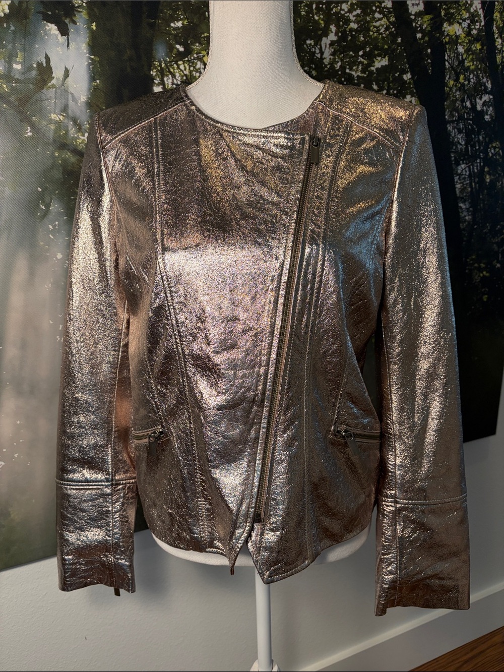 White House Black Market Metallic Genuine Leather Moto Jacket
